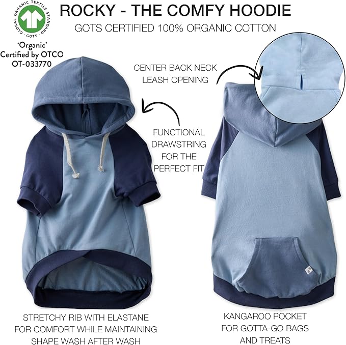Rocky – The Orginal Lightweight Hooded TEE 100% Organic Cotton Dog Hoodie Pet Coat Sweater for Small, Medium, Large Dogs, Navy Color Block, X-Small (5-12 lbs)