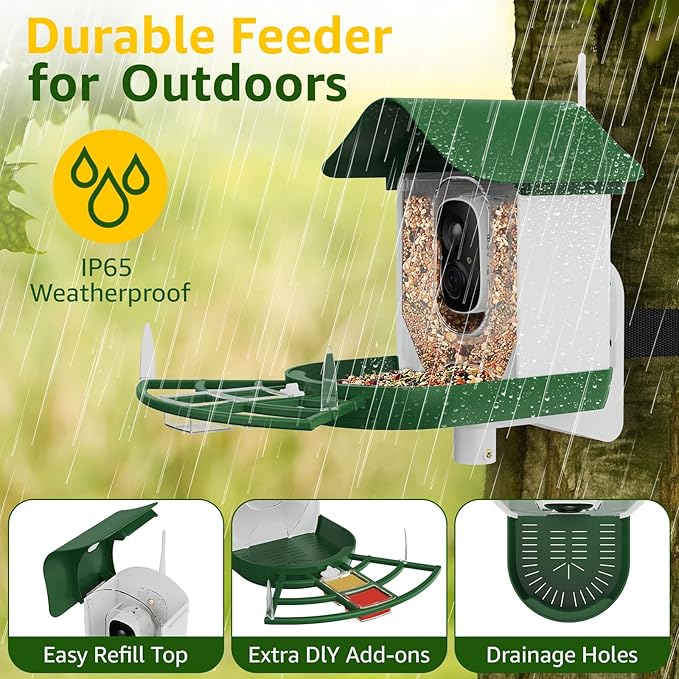 PeckCam® Smart Bird Feeder with Camera 2K HD Auto Detect & Notify, AI Identify 10000+ Birds Camera with Solar Panel 5 Perch Attachments Wireless Outdoor Birdwatching Gift for Birds Lover, Green