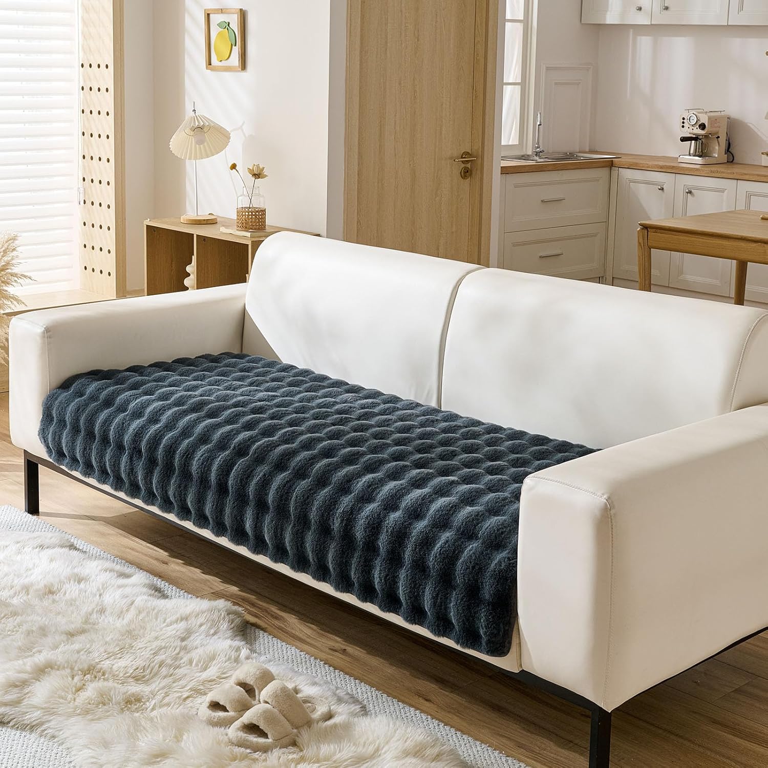 Faux Fur Couch Cover Fuzzy Soft Plush Thick Bubble Sofa Cover Luxury Sectional Couch Covers Luxury Anti-Slip Sofa Slipcover Washable Furniture Protector (Dark Grey,36"x47")