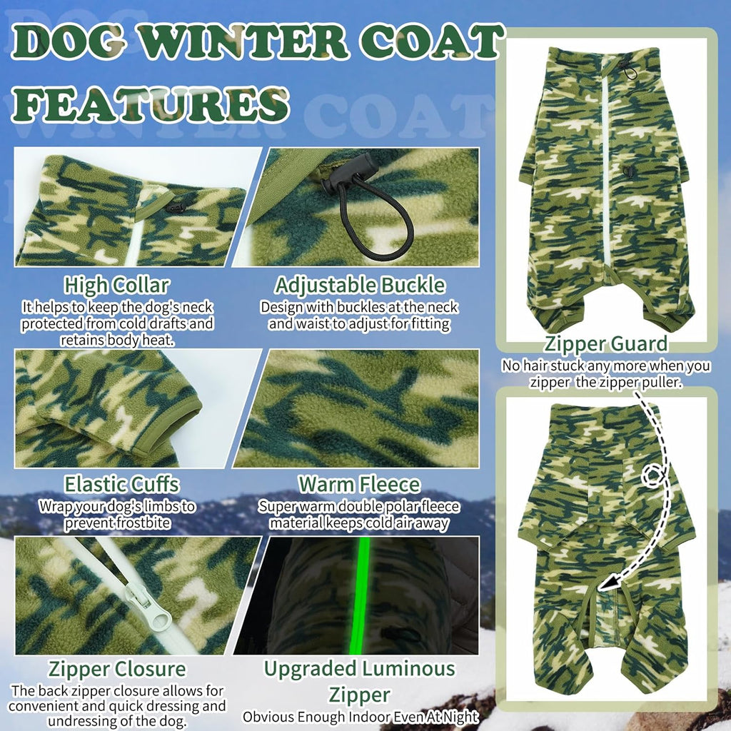 ROZKITCH Dog Winter Coat Soft Fleece Pullover Pajamas, Pet Windproof Warm Cold Weather Jacket Vest with Luminous Zipper, Jumpsuit Apparel Outfit Clothes for Small Medium Large Dog Camo 2XS