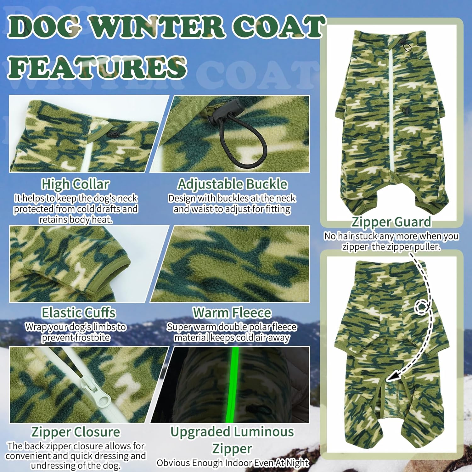 ROZKITCH Dog Winter Coat Soft Fleece Pullover Pajamas, Pet Windproof Warm Cold Weather Jacket Vest with Luminous Zipper, Jumpsuit Apparel Outfit Clothes for Small Medium Large Dog Camo 2XS
