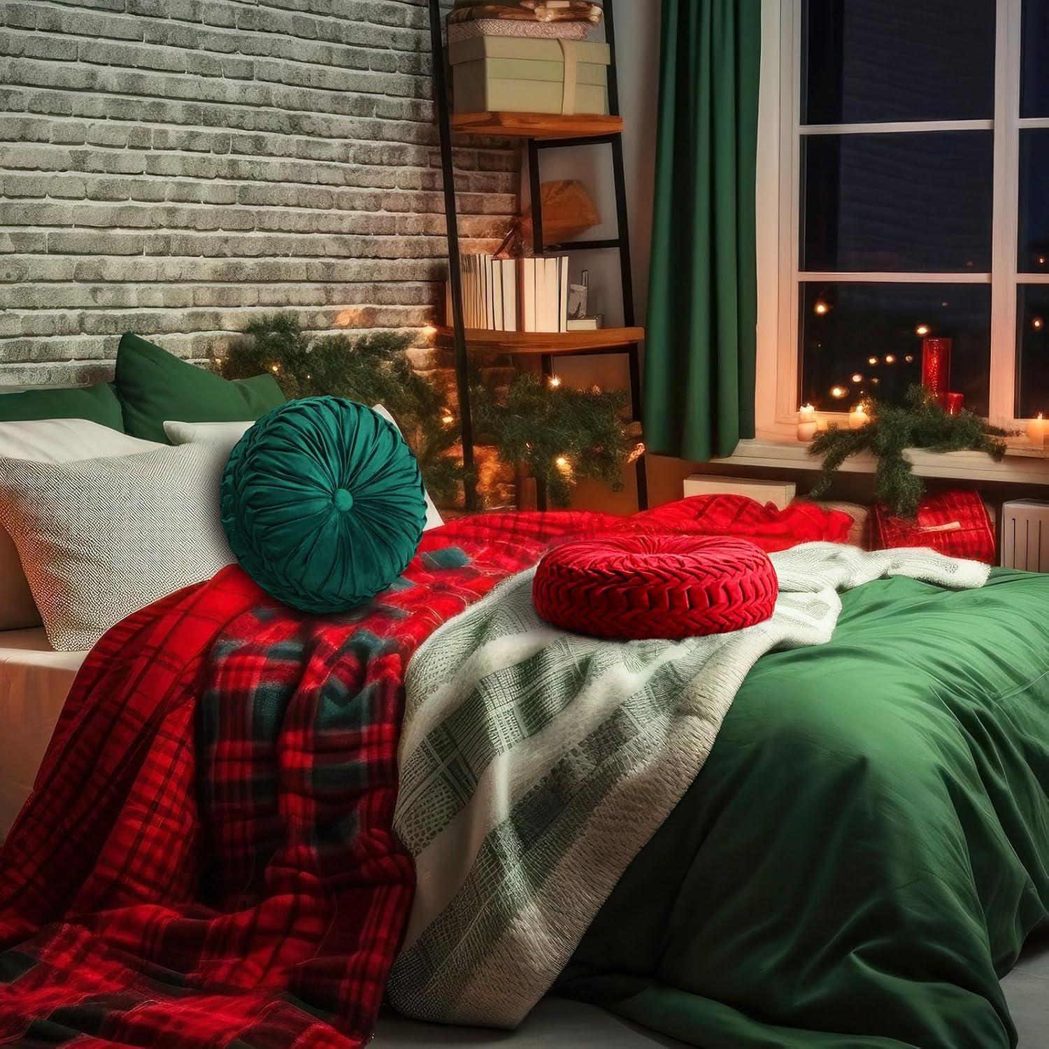 2 Pcs Round Throw Pillows 15 Inch Decorative Velvet Pleated Pumpkin Floor Boho Pillows for Living Room Couch Chair Bed Sofa (Red and Green)