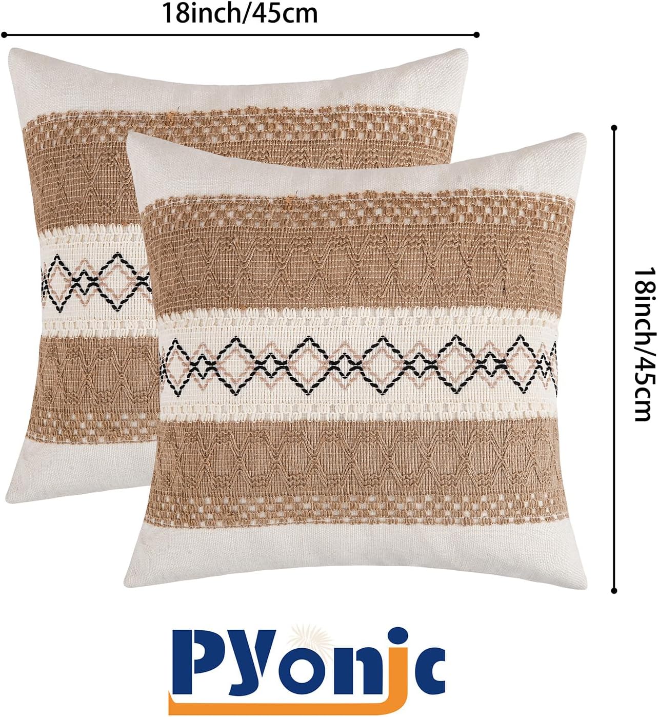 Pyonic Pack of 2 Boho Throw Pillow Covers 18x18 Inch Farmhouse Decorative Throw Pillows for Bed Sofa Living Room,Beige Modern Cushion Cover Couch Pillows Cover Home Decor