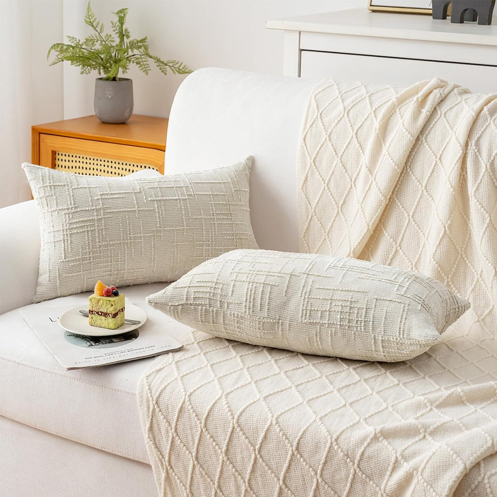 Decorative Throw Pillow Covers 12x20 Inch Set of 2, Soft Solid Farmhouse Chenille Couch Pillows, Spring Pillow Covers for Couch Sofa Bed Living Room Home Decor Pillowcase, Cream White