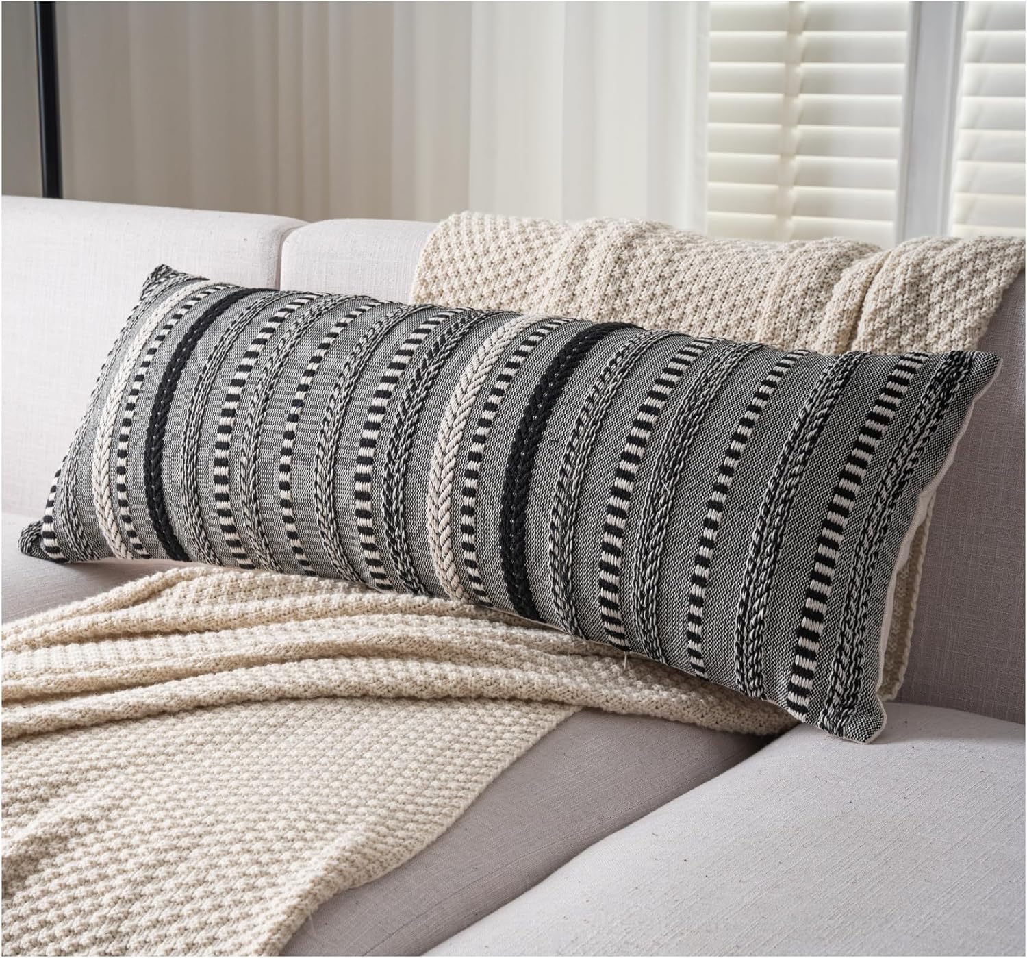 Boho Lumbar Pillow Covers 14x36 Long, Farmhouse Decorative Couch Pillow Cases, Black Accent Pillows of Bed, Sofa Bedroom Living Room Home Decor Cushion Cover, Pack of 1