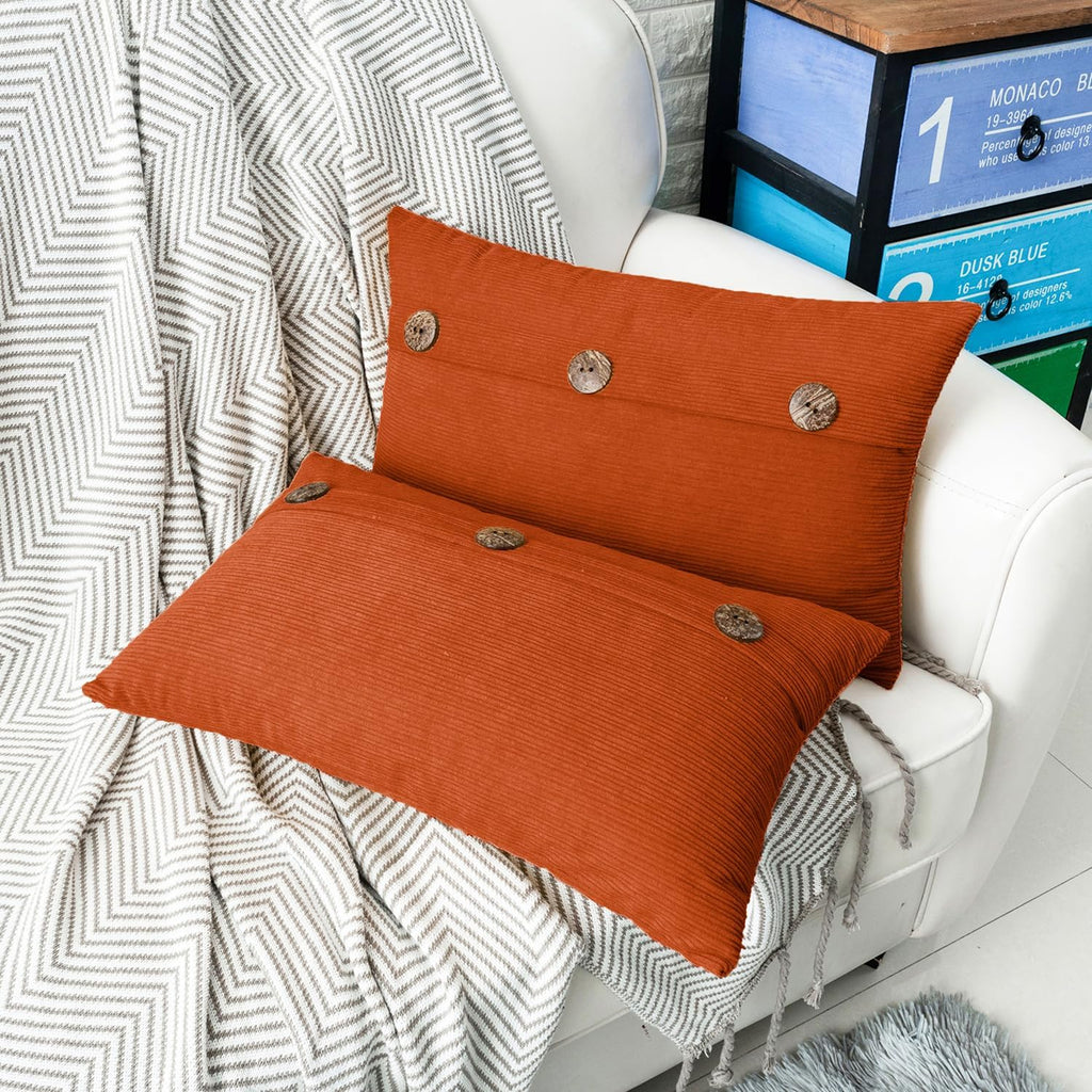 HWY 50 Burnt Orange Chenille Throw Pillow Covers 12x20 Inch with Triple Buttons, Soft Fall Farmhouse Accent Decorative Cushion Cases for Couch Sofa Bed Living Room Pack of 2 Rectangle