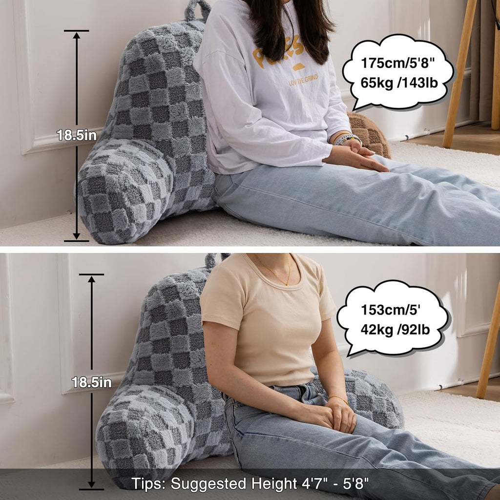 A Nice Night Faux Fur Reading Pillow,Checkered Fluffy Grid Plaid,Bed Wedge Pillow Large Adult Children Backrest with Arms for Bedrest,Grey