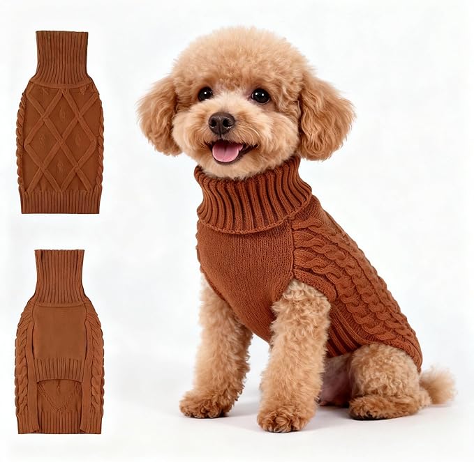 Small/Medium Dog Sweater, Warm Comfy Stretch Dog Winter Coat w/Sleeves & High Neck, Premium Dog Clothes for Schnauzer-Best for Holidays, Daily Walks M Brown