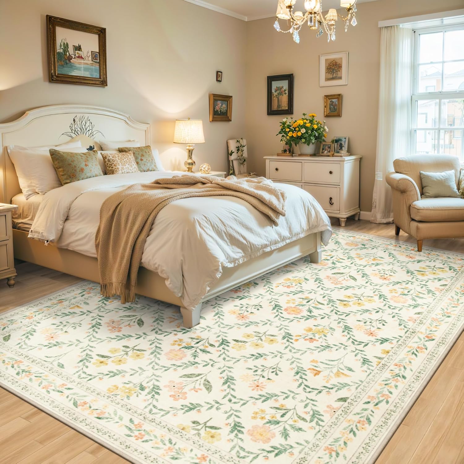 10x12 Area Rugs for Living Room: Floral Washable Rug Vintage Large Soft Boho Non-Slip Carpet Stain Resistant Low Pile Carpets for Bedroom Dining Room Farmhouse Nursery Hallway Home Office Beige/Multi