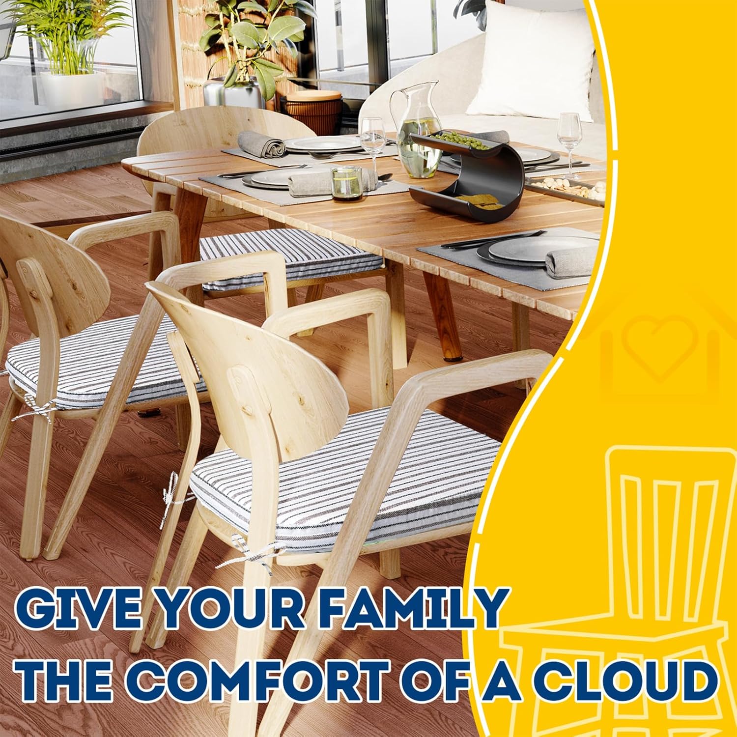 AAAAAcessories D-Shaped Chair Cushions, 2" Thick Dining Chair Pads with Ties and Removable, Machine-Washable Cover, 17" x 16", Pinstripe Brown