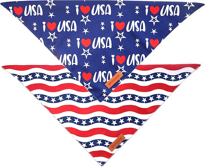Realeaf 4th of July Dog Bandanas 2 Pack, Triangle Reversible American Flag Pet Patriotic Scarf for Boy and Girl, Premium Durable Fabric, USA Bandana for Large and Extra Large Dogs (X-Large)