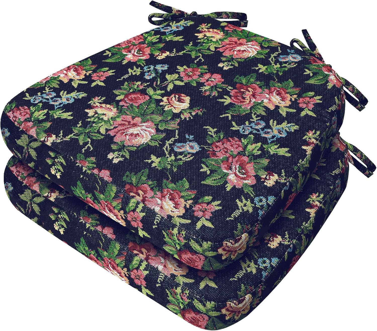 AAAAAcessories D-Shaped Chair Cushions, 2" Thick Dining Chair Pads with Ties and Removable, Machine-Washable Cover, 17" x 16", Set of 2, Night-Blooming Blossoms