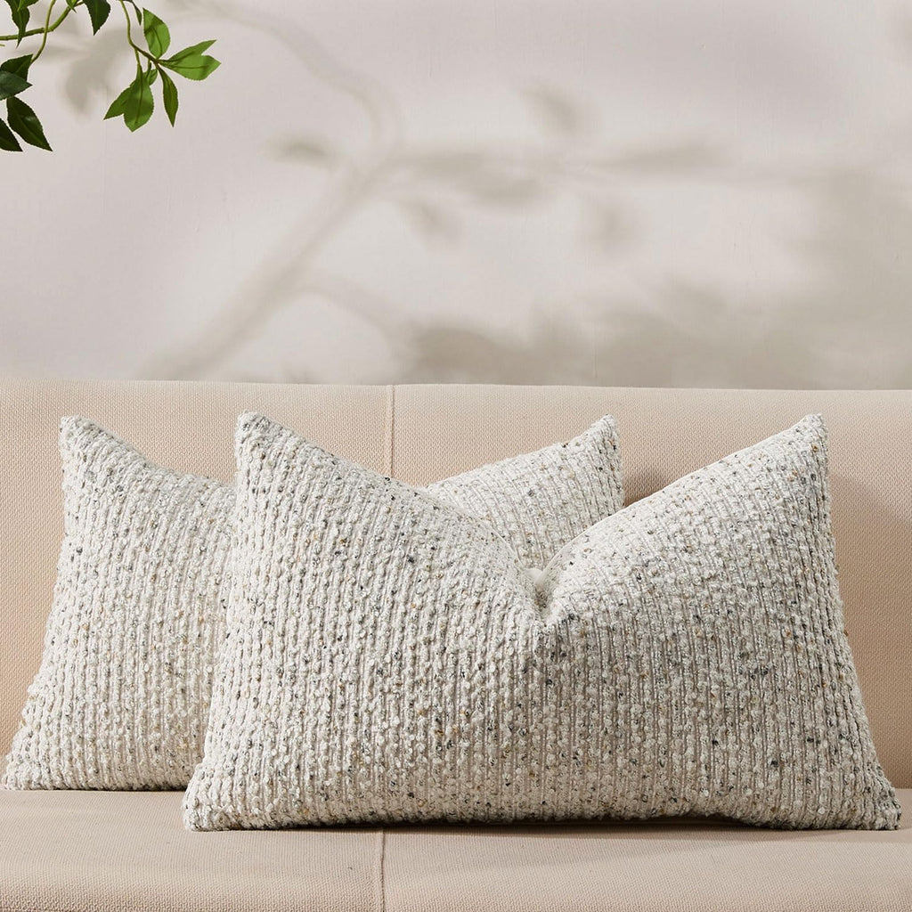 Decorative Couch Throw Pillow Covers 12x20 Set of 2 Cream Gray Striped Soft Wool Pillow Covers Neutral Textured Boho Cushion Covers for Modern Farmhouse Sofa Bedroom Living Room Decor SY012-B12