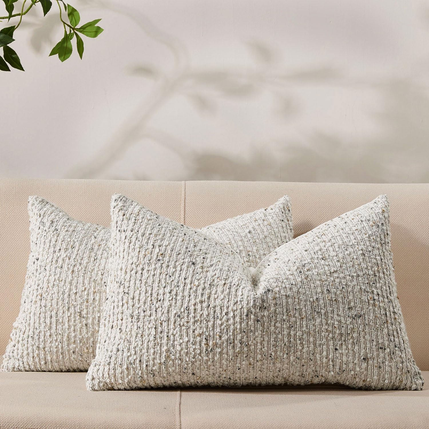 Decorative Couch Throw Pillow Covers 12x20 Set of 2 Cream Gray Striped Soft Wool Pillow Covers Neutral Textured Boho Cushion Covers for Modern Farmhouse Sofa Bedroom Living Room Decor SY012-B12