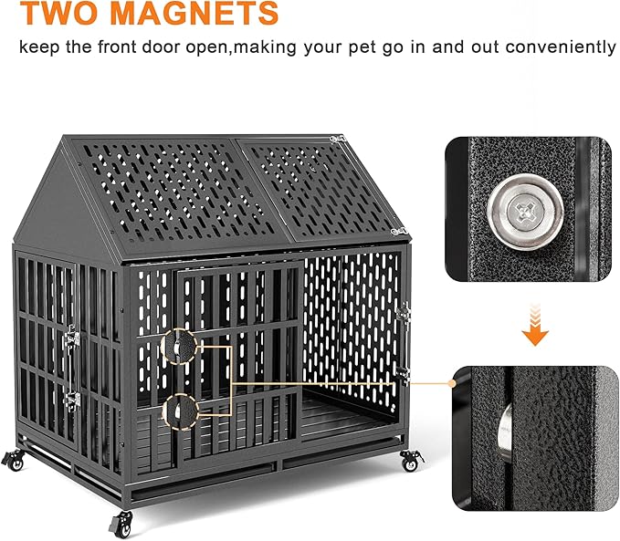 42 Inch Heavy Duty Dog Crate with Self-Locking Latch for High Anxiety Dogs, Indestructible Large Kennel Indoor with Pointed Roof, Removable Trays and Lockable Wheels, Chew Proof Cage