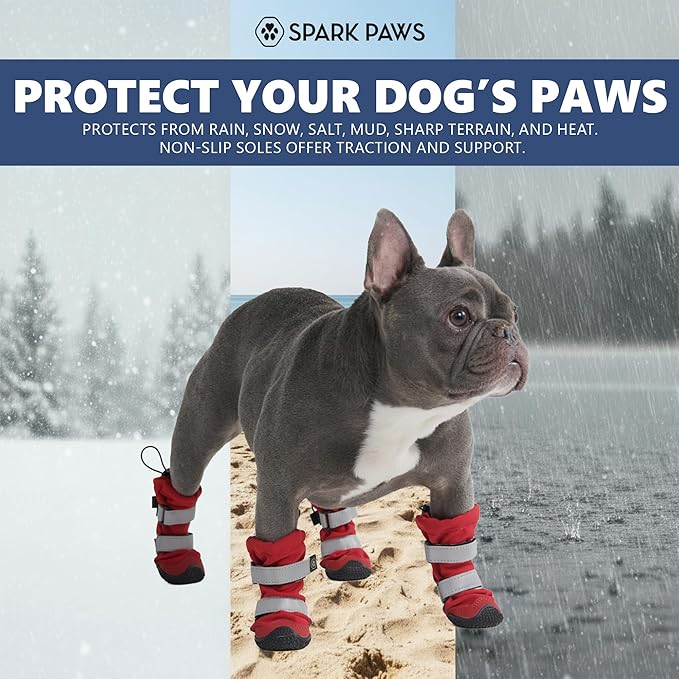 Spark Paws Dog Shoes, Waterproof Dog Boots for Medium to Large Dogs, Non Slip, Breathable Dog Booties and Paw Protectors - 4PCS Doggie Hiking Boots with Reflective Straps, Red, Size 4