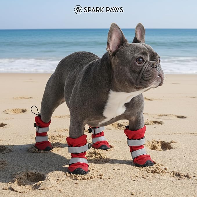 Spark Paws Dog Shoes, Waterproof Dog Boots for Medium to Large Dogs, Non Slip, Breathable Dog Booties and Paw Protectors - 4PCS Doggie Hiking Boots with Reflective Straps - Red, Size 8