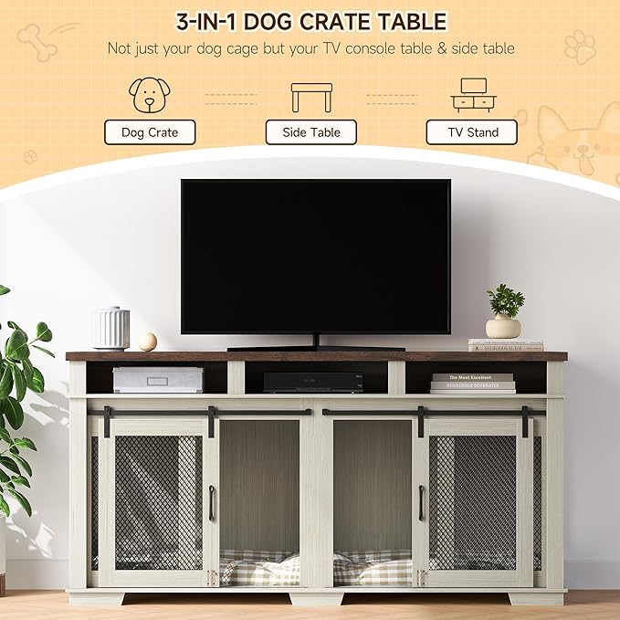 71" Dog Crate Furniture for 2 Dogs, Dog Kennel with 3 Storage Drawers & Removable Divider, Extra Large Double Dog Cage As TV Stand, Furniture Style Dog Crates with Sliding Barn Door