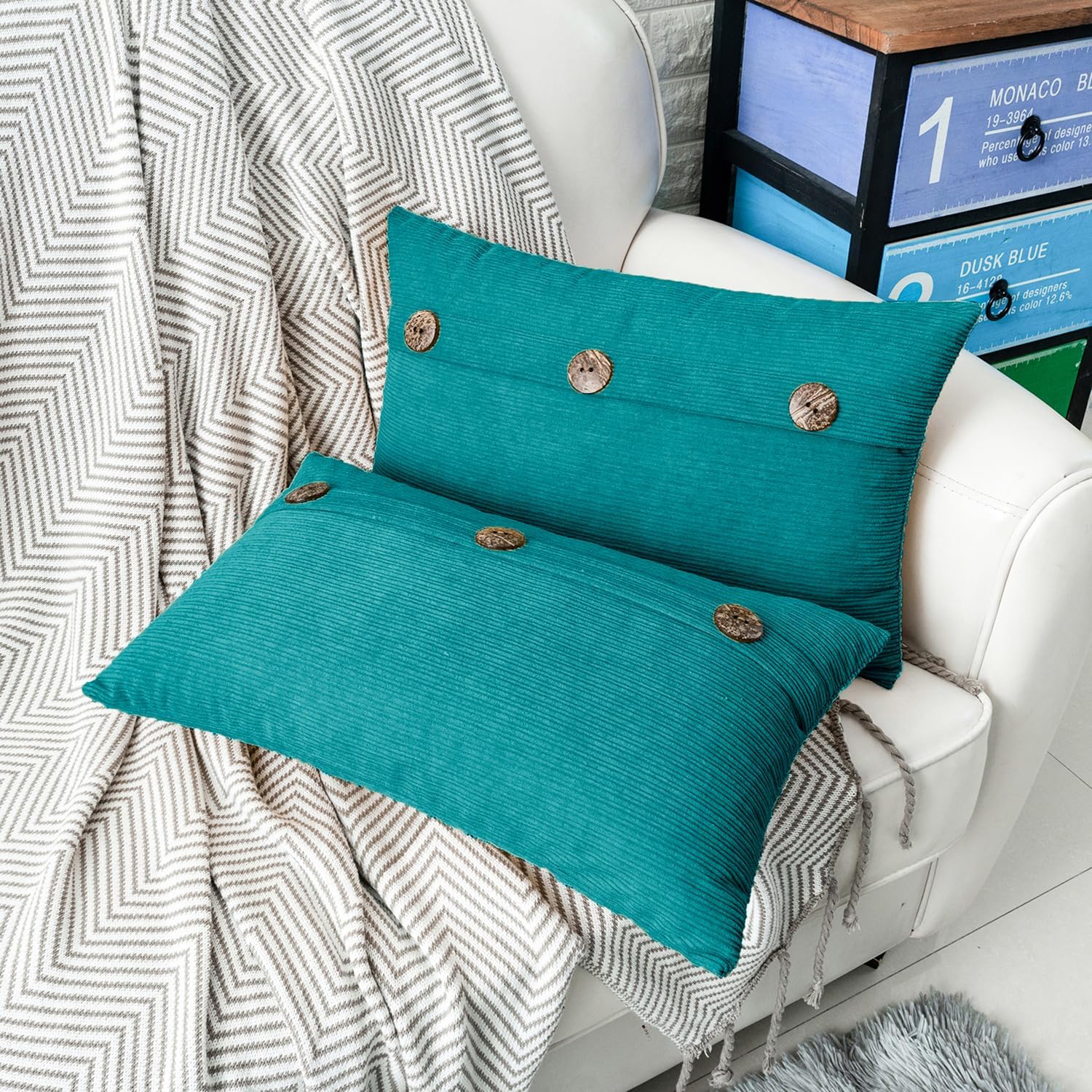 HWY 50 Teal Chenille Throw Pillow Covers 12x20 Inch with Triple Buttons, Soft Farmhouse Accent Decorative Cushion Cases for Couch Sofa Bed Living Room Pack of 2 Rectangle