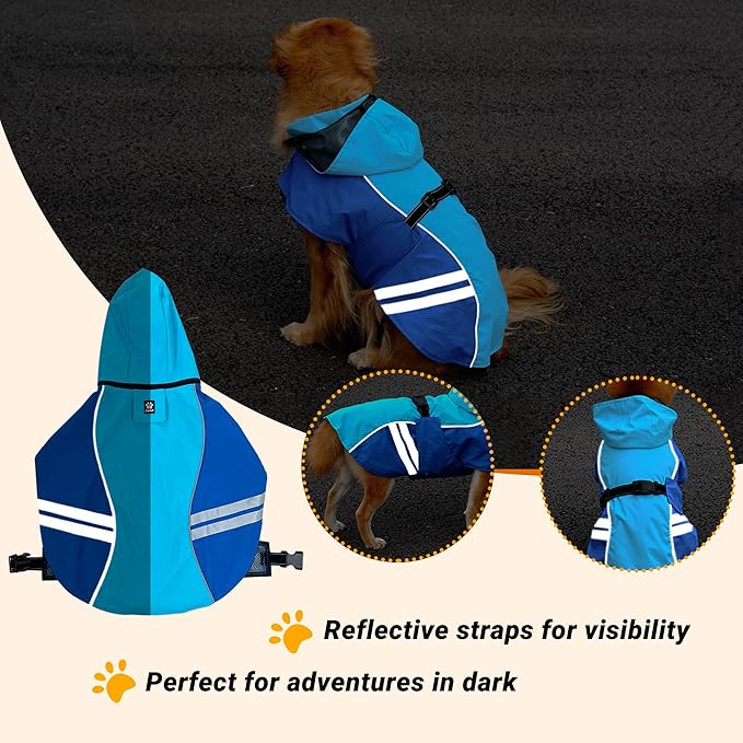 Dog Raincoat for Medium Large Extra Large Dogs, Waterproof Rain Jacket with Reflective Strap, Lightweight Hoodies Full-Body Coverage Dry Clothes (L, Blue)
