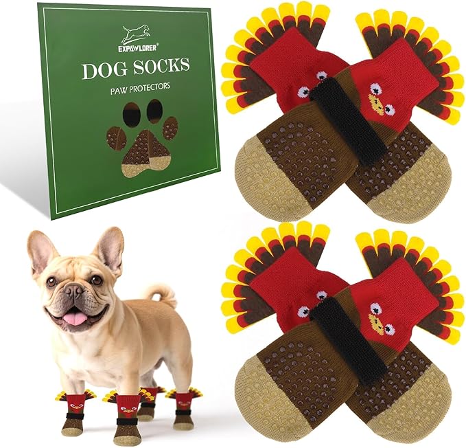EXPAWLORER Thanksgiving Anti Slip Dog Socks to Prevent Licking Paws,Boots & Paw Protectors with Grippers,Doggie Booties for Hardwood Floors for Small Medium Large Senior Dogs Lifelike Costume Turkey M