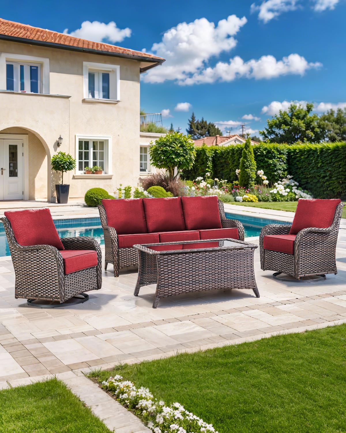 Luxury 22x24/22x25 6-Inch Outdoor Chair Cushions Set of 4 - Heavy Duty Water-Resistant Comfortable Cushion for Patio Furniture Set Dining Gliding Rocking Chairs Loveseat L-Shape Sofa - Red