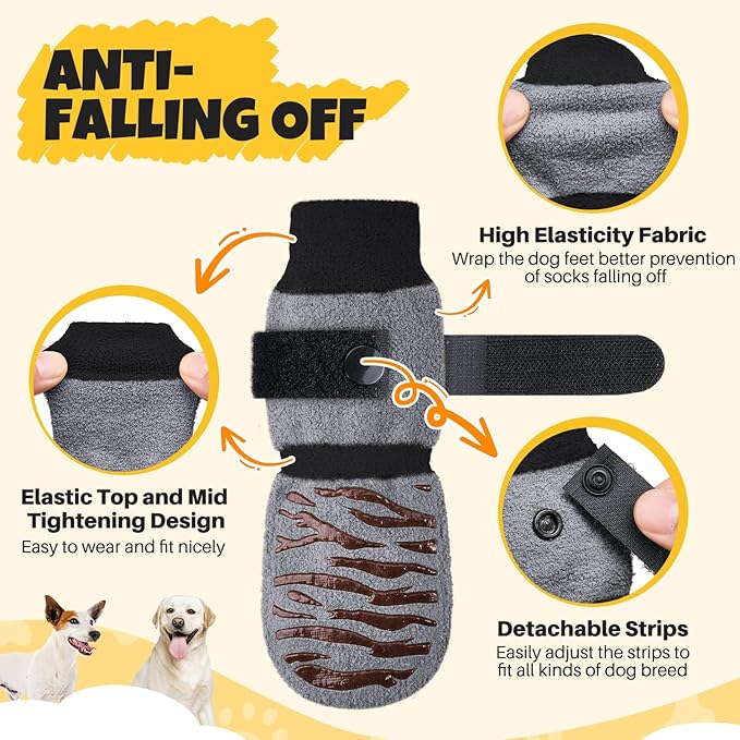 SlowTon Dog Socks with Double-Sided Grippers - 4PCS Dogs Grip Socks for Hot & Cold Pavement or Hard Floors, Non-Slip Paw Traction Protectors for Senior Small Medium Large Dogs(Grey, L)