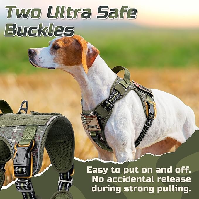 rabbitgoo Tactical Dog Harness for Large Dogs, No Pull Military Service Vest with Handle & Molle, Easy Control for Training Walking, Adjustable Reflective Straps, Green camo, XL