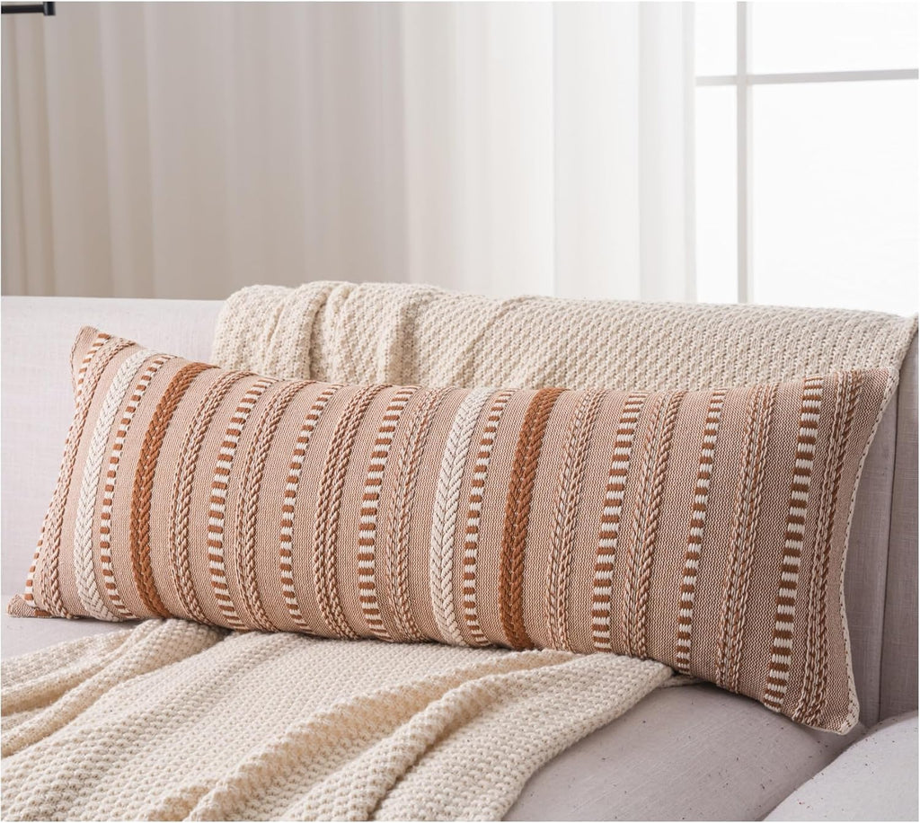 Boho Lumbar Pillow Covers 14x36 Long, Farmhouse Decorative Couch Pillow Cases, Brown Accent Pillows of Bed, Sofa Bedroom Living Room Home Decor Cushion Cover, Pack of 1