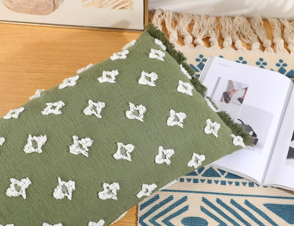 Boho Long Lumbar Pillow Cover 14x22 with Tassel,3D Flower Patterned Cotton Decorative Long Lumbar Pillow Cover Pillow Case for Sofa Couch Bed Livingroom Farmhouse,Sage Green