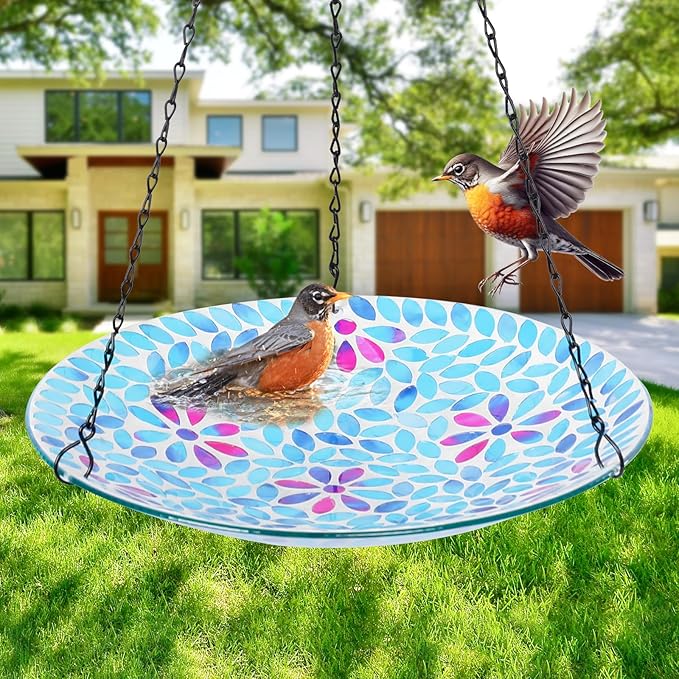 VCUTEKA Hanging Bird Bath, Glass Mosaic Bird Baths for Outdoors Birdfeeder with 21 inch Rust-Proof Chain for Garden Yard Decor, Flower