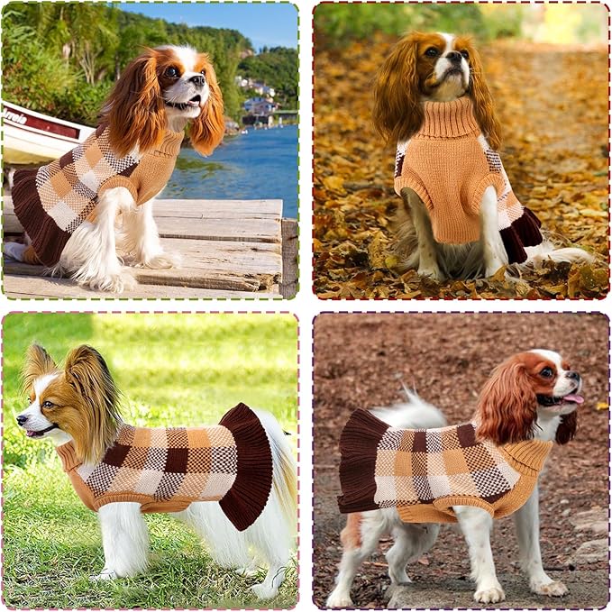 Dog Sweater Dress Plaid Knitwear for Small Medium Dogs Warm Puppy Pet Turtleneck Stretch Pullover Cute Fall Winter Vest Clothes with Leash Hole for Christmas (Coffee, L)