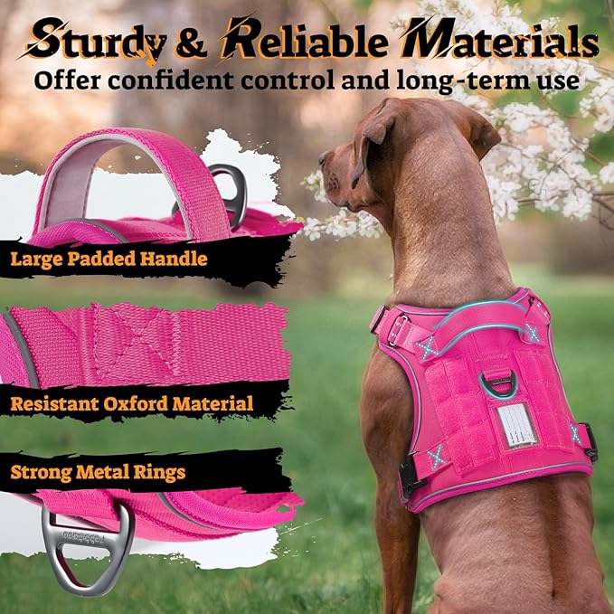 rabbitgoo Dog Harness for Large Dogs No Pull, Tactical Service Pet Vest with Molle and Control Handle, Adjustable and Reflective Military Harness for Easy Walking and Training, Rose Red, XL