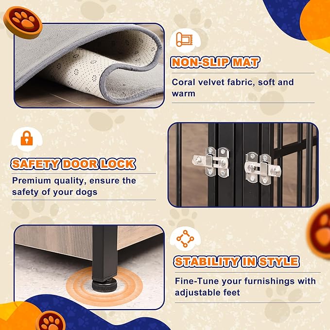 75'' Dog Crate Furniture Large Storage TV Stand with Dual Cushion / 4 Bowls/Double Rooms, Wooden Dog Kennel Dog Crate End Table with Removable Divider for Large Medium Dogs, Greige