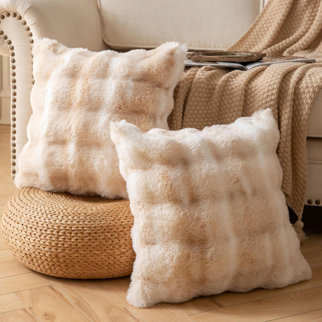 Pack of 2 Thick Plush Throw Pillow Covers Fluffy Wave Faux Fur Decorative Cushion Covers Soft Wool Pillowcase for Sofa Couch Livingroom 20x20 Inch White Beige