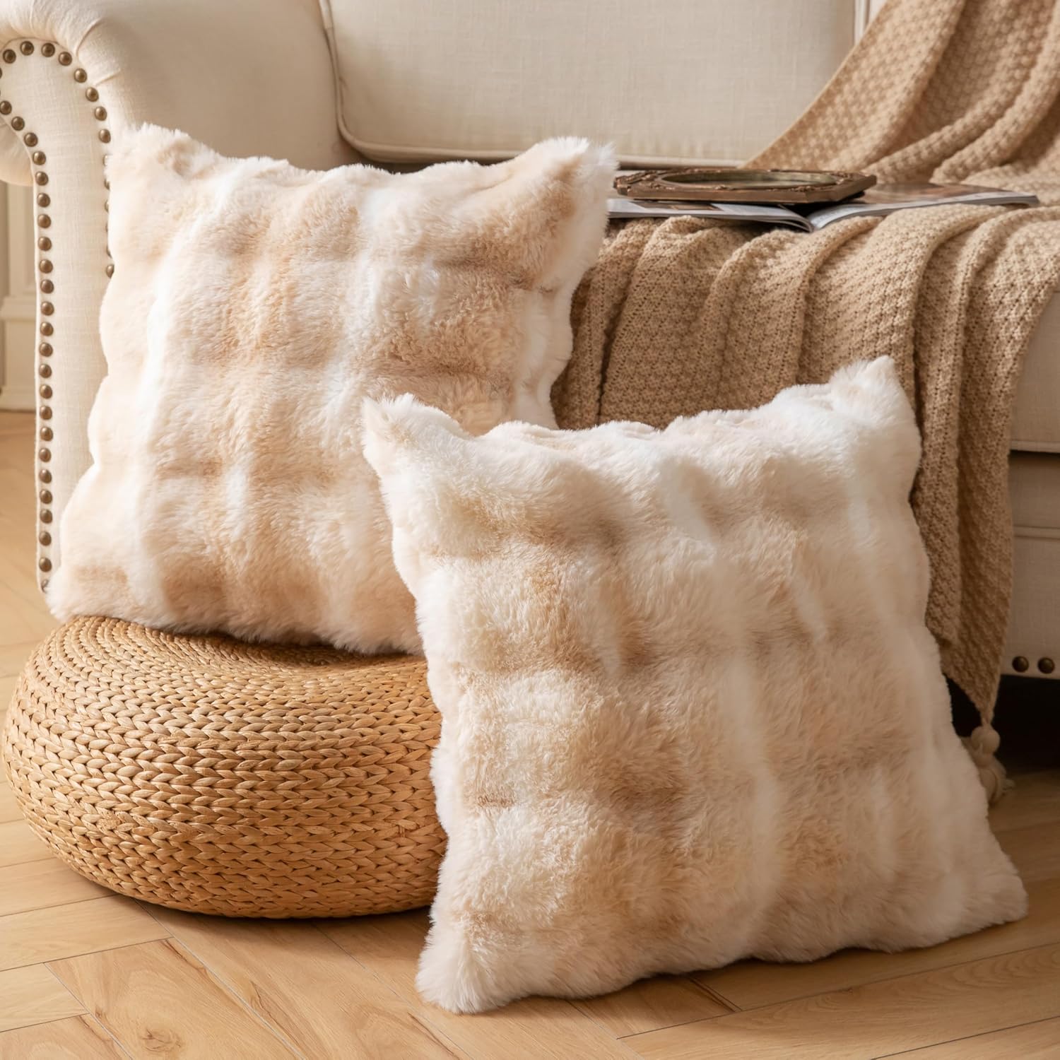 Pack of 2 Thick Plush Throw Pillow Covers Fluffy Wave Faux Fur Decorative Cushion Covers Soft Wool Pillowcase for Sofa Couch Livingroom 16x16 Inch White Beige