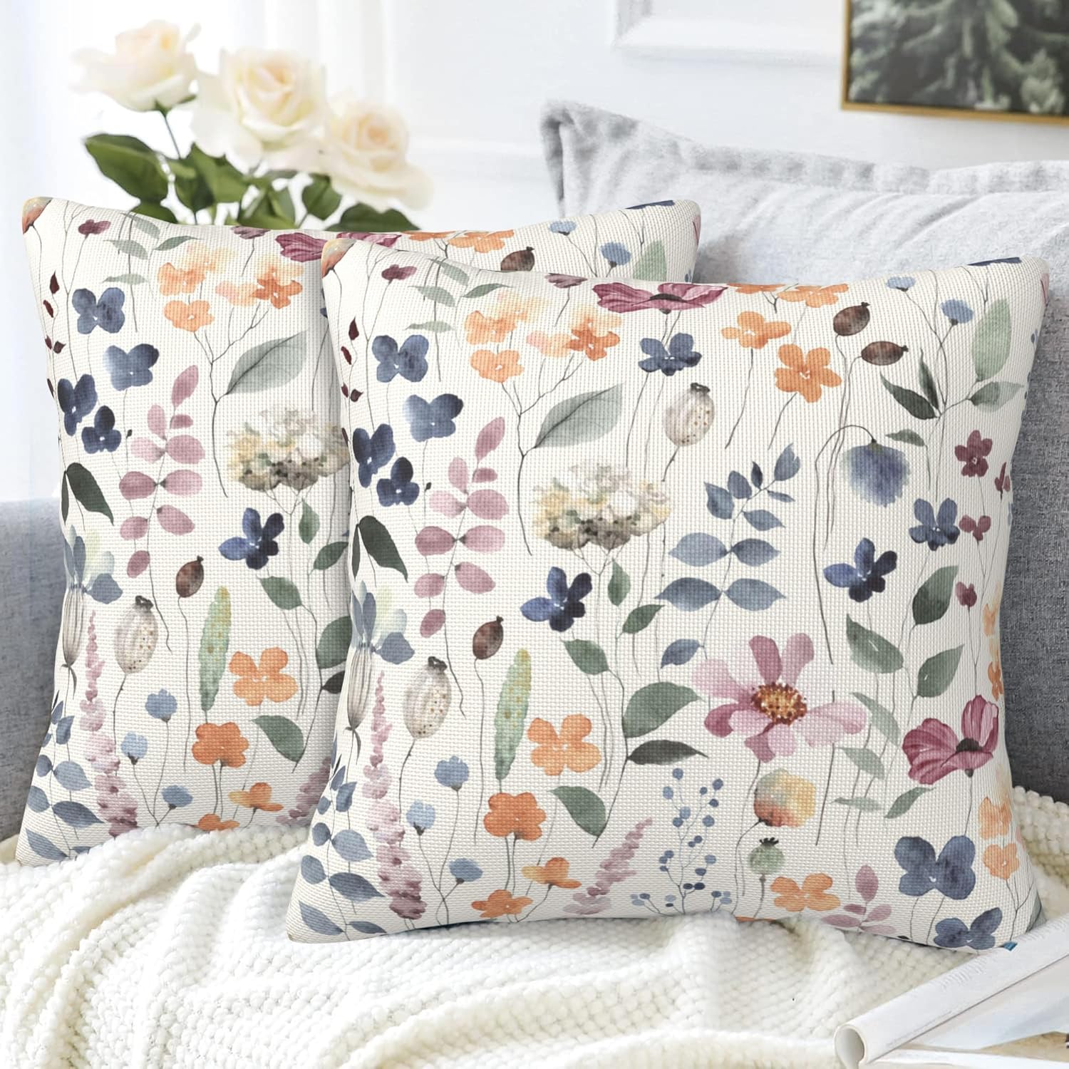 Throw Pillow Cover Case Watercolor Floral Pillow Covers 20x20 Inch Set of 2,Soft Decorative Throw Pillow Case for Living Room Bedroom Sofa Couch Cushion Covers