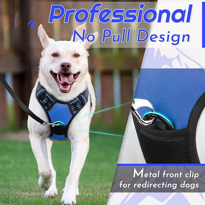 Eagloo Dog Harness for Large Dogs, No Pull Service Vest with Reflective Strips and Control Handle, Adjustable and Comfortable for Easy Walking, No Choke Pet Harness with 2 Metal Rings, Blue, L