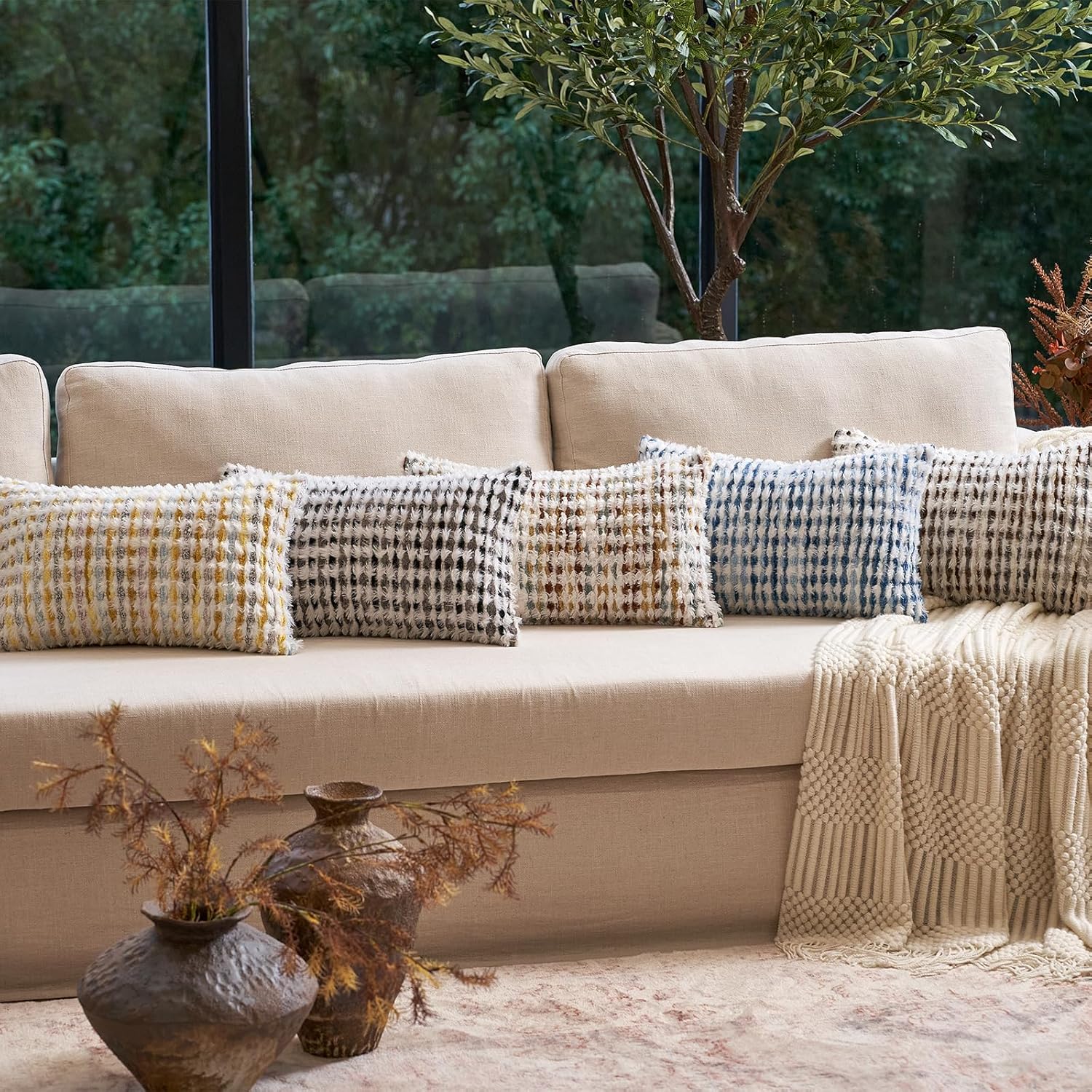 Aeckself Boho Chenille Tufted Pillow Cover 12 x 20 Inch, Rectangle Decorative Lumbar Throw Pillow Cover Neutral Pillowcase for Couch Bedroom Living Room, Brown White