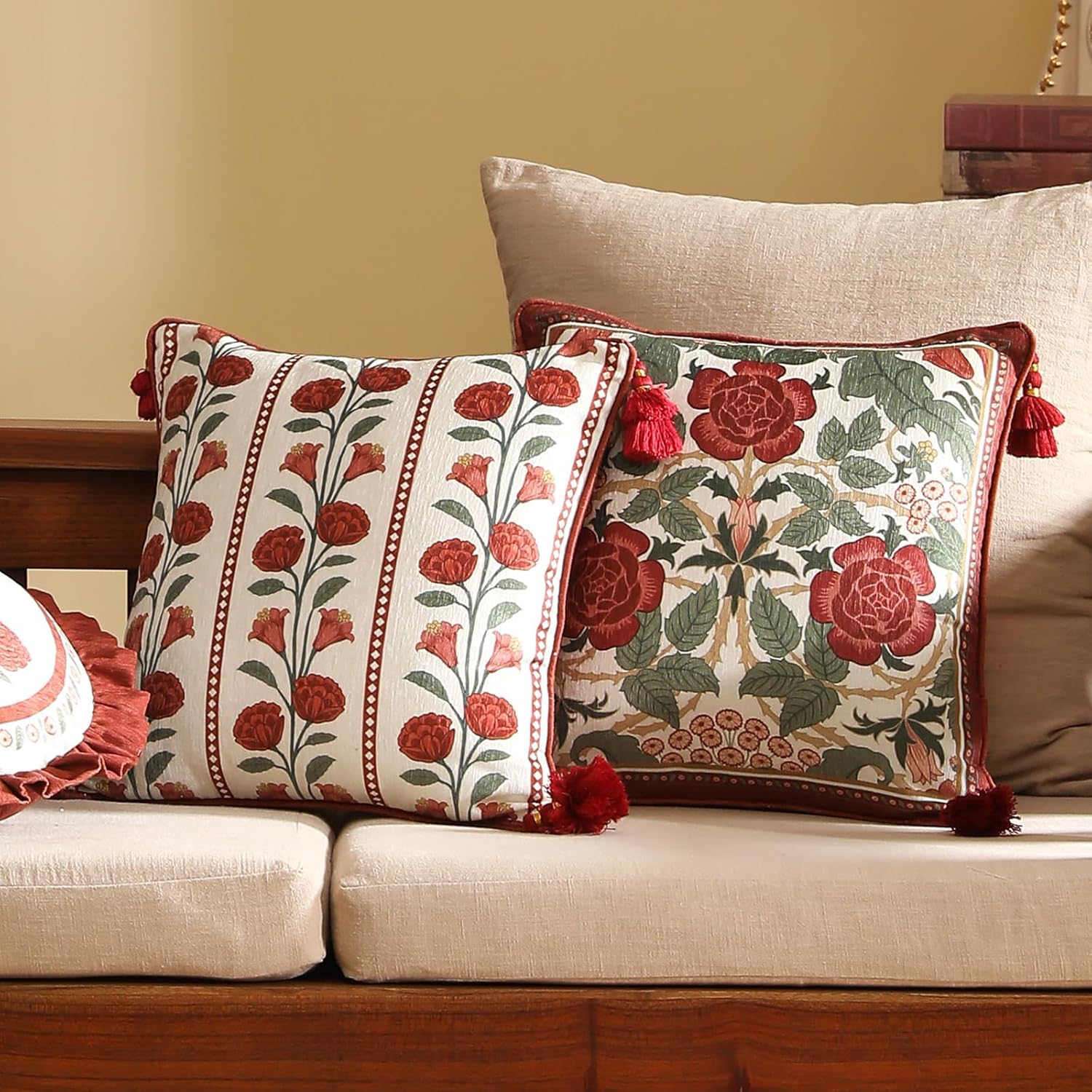 Vintage Square Throw Pillow Covers,Red Cozy Velvet with Leaves and Floral Pattern Pillowcases,Decoration Pillows Cushion Covers for Living Room Couch Sofa Bed Car Chair,18"x18"