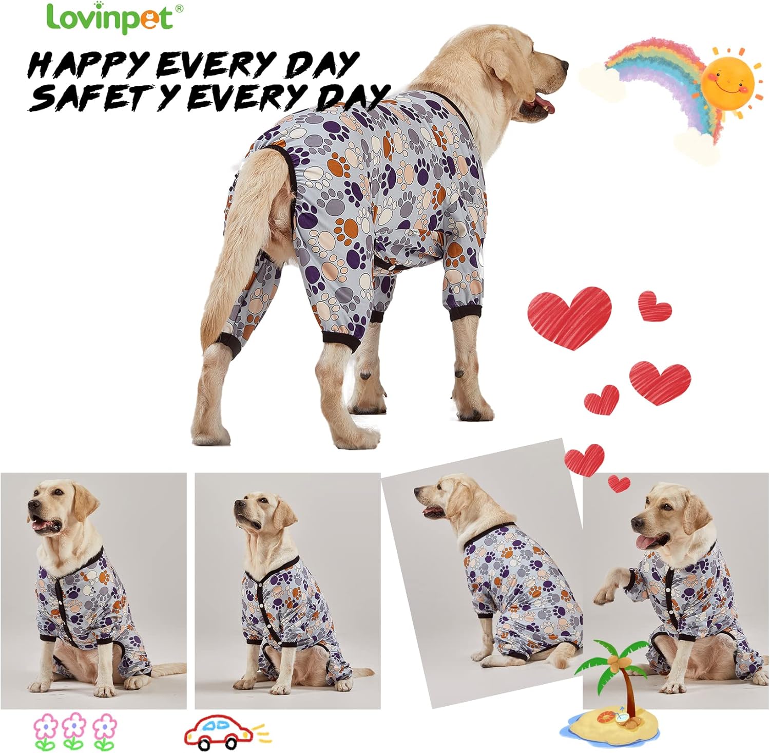 LovinPet Large Breeds Dog Onesies - Dog Pajamas, Lightweight Stretchy Fabric, Dog Long Sleeve Shirt, Paw-Some Steel Gray Print, Dog Jumpsuit, UV Protection, Pet PJ's/Medium
