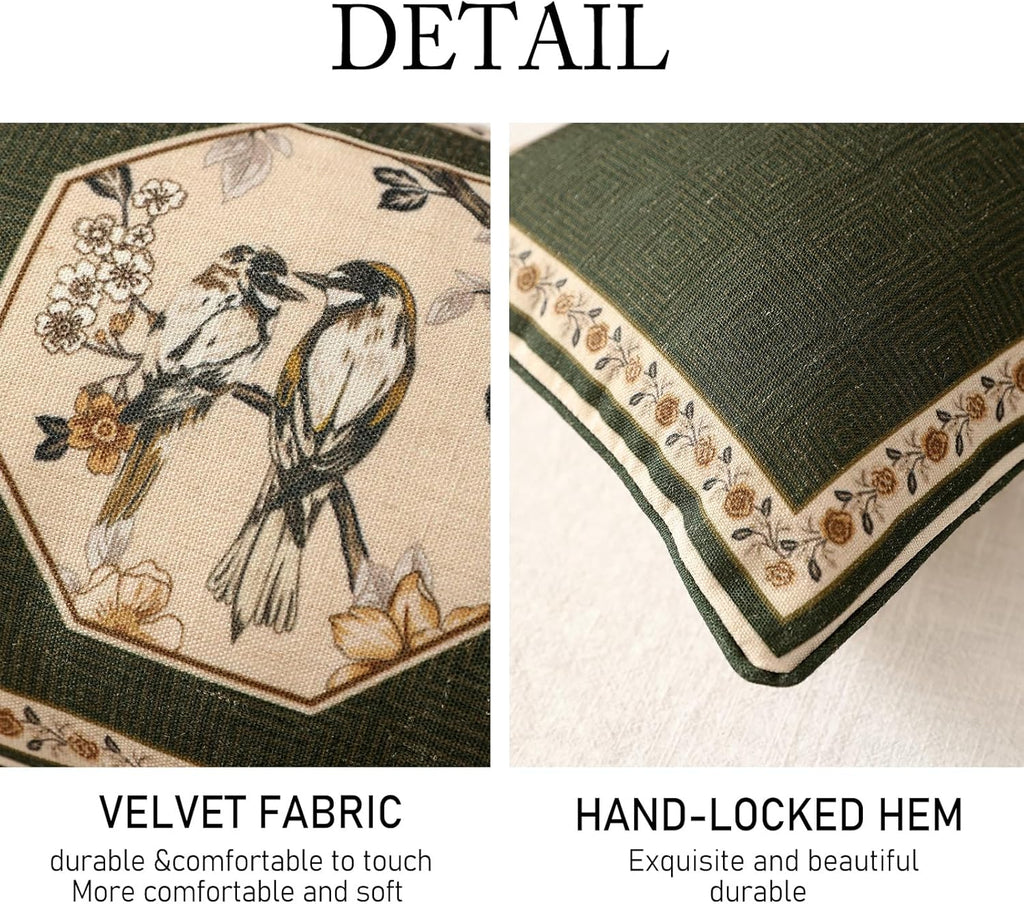 ISAENNE Design Linen Chinoiserie Lumbar Throw Pillow Covers 12"x28" Pack of 2, Farmhouse Cushion Covers with Yellow Floral Birds Pattern Decoration Pillowcases for Bed,Living Room,Outdoor,Car