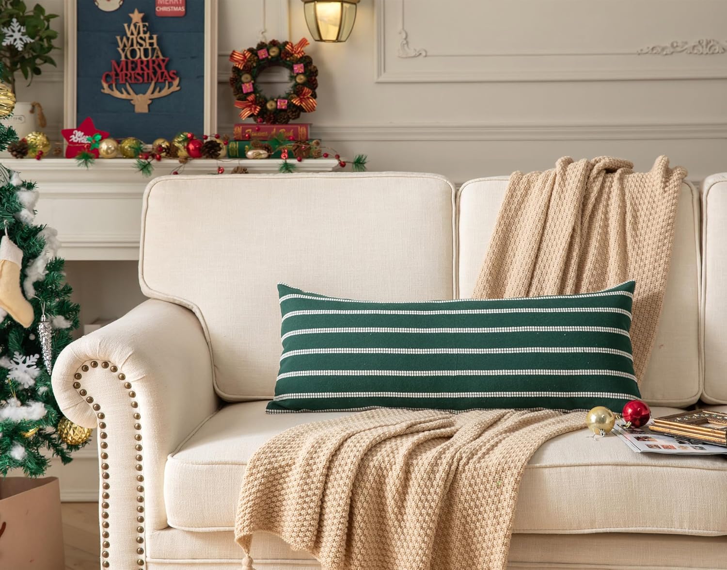 Boho Lumbar Throw Pillow Cover 14X36 Long Soft Farmhouse Decorative Couch Pillow Cases Dark Green Striped Body Pillow Covers Neutral Cushion Covers for Sofa Bed Living Room Home Decor Pack of 1