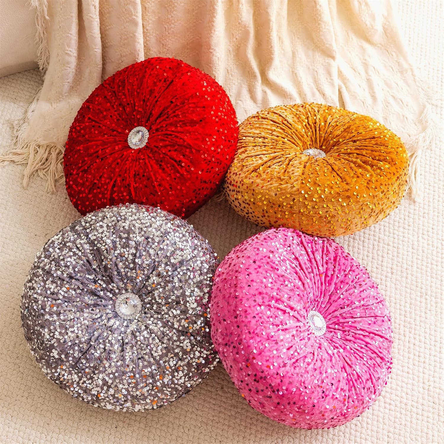 Round Throw Pillow, 13.7" Soft Glitter Sequin Pleated Pumpkin Decorative Round Pillow Circle Floor Pillow Cushions for Sofa Bed Chair Living Room Floor Home Decoration, Rose Red