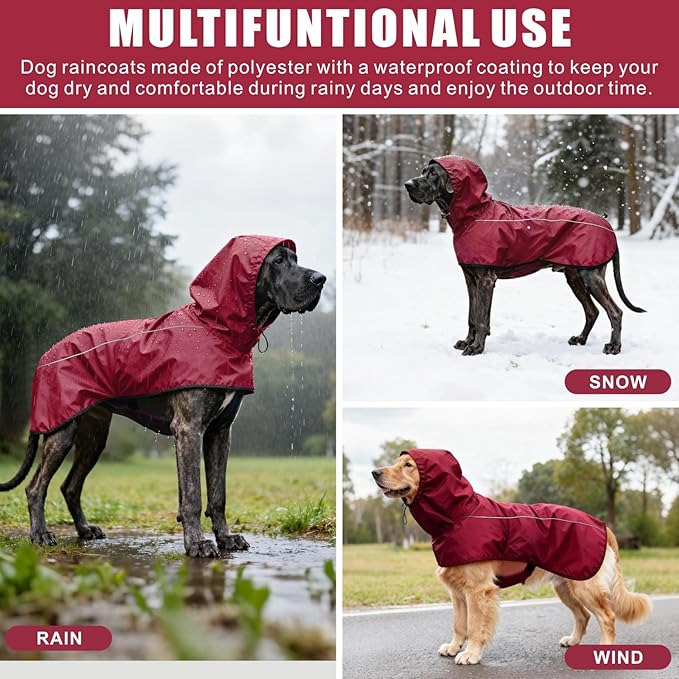 Mosucoirl Dog Raincoat Jacket Reflective Adjustable Hooded Pet Poncho Rain Coats with Leash Hole Waterproof Clothes for Small Medium Large Dogs (Red, S)