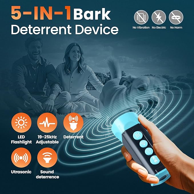 Upgraded Ultrasonic Dog Bark Deterrent, 4+1 Head with Sound Alarm Manual Frequency Adjustable No Shock Humane Training Device for Small/Medium/Large Dogs