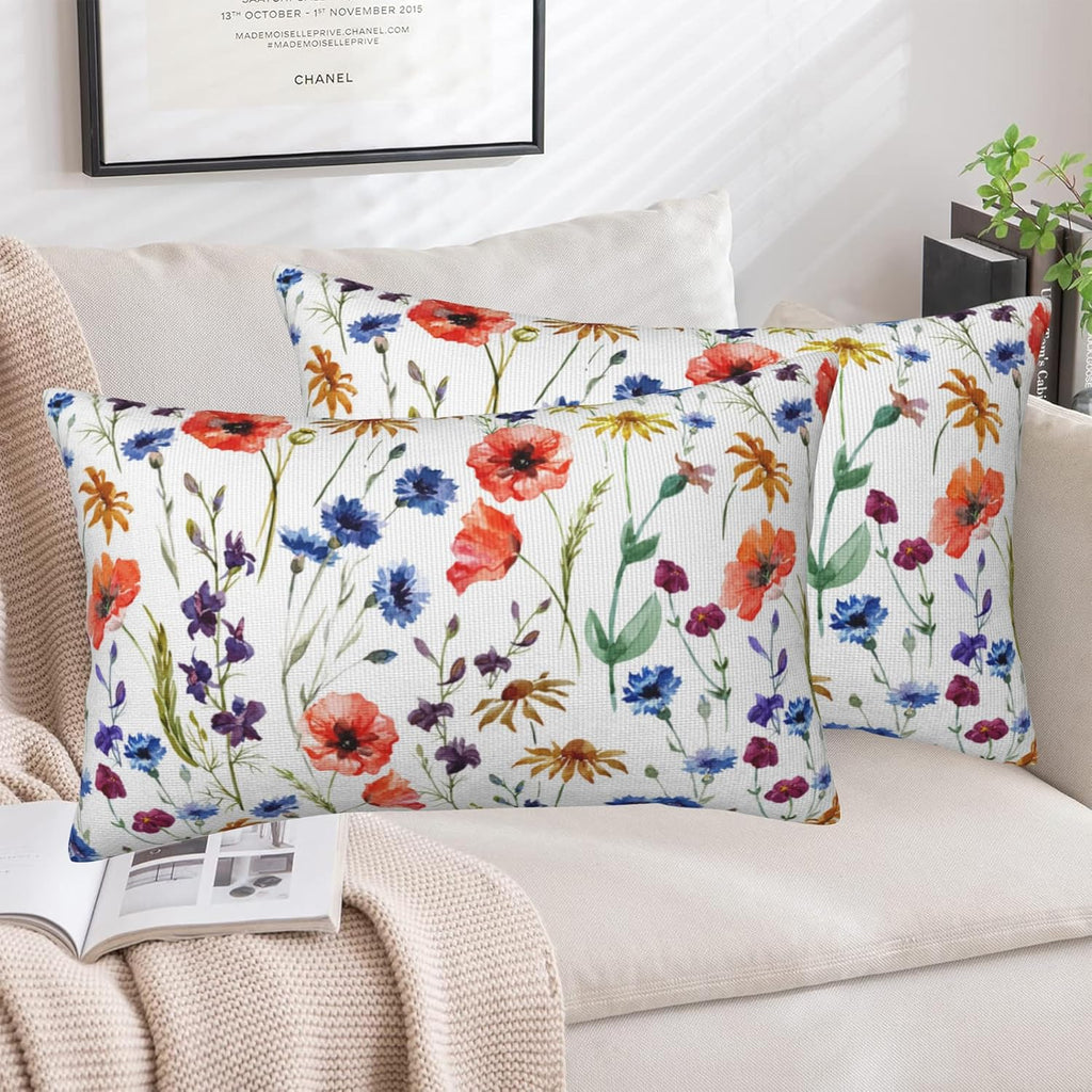 Wildflowers Throw Pillow Covers Set of 2 Watercolor Poppy Pillow Covers 20x12 Inch Modern Farmhouse Home Decorative Pillow Cases Cushion Cover for Sofa Living Room Office