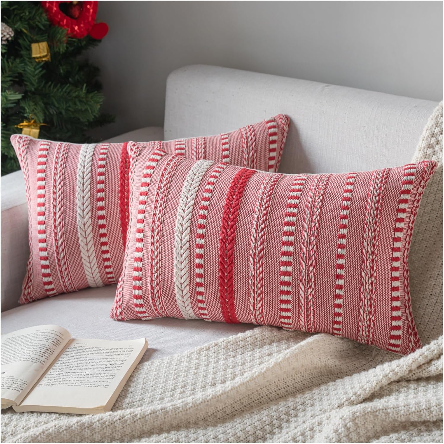 Christmas Pillow Covers 12x20 Inch Set of 2, Farmhouse Boho Christmas Decorative Couch Pillow Cases, Red Accent Pillows of Bed, Sofa Bedroom Living Room Home Decor Cushion Cover