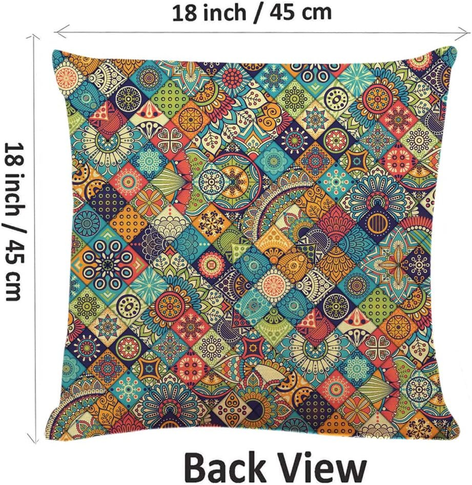 Decorative Square Throw Pillow Covers Geometric Pattern with Ornamental Floral Folk Art Abstract Couch Sofa Bed Pillow Covers Cushion Cases 18x18 inch