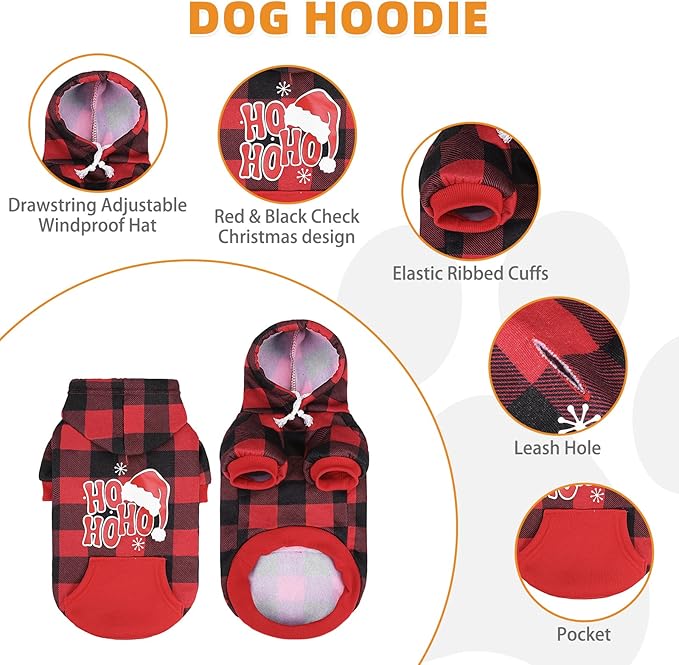 KOOLTAIL Christmas Dog Hoodie, Red Plaid Pet Sweater, Hat Hooded Sweatshirt Dog Clothes for Small Medium Large Dogs Boys Girls, Soft Warm Winter Cold Weather Coat with Leash Hole&Pocket, Santa, L